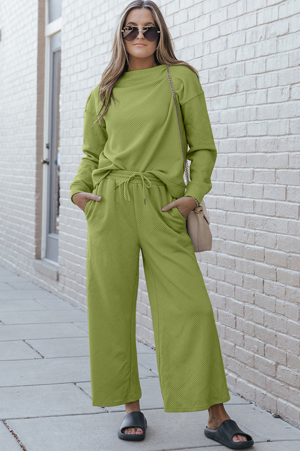 Textured Long Sleeve Top and Drawstring Pants Set - Beauty by Lady Finch