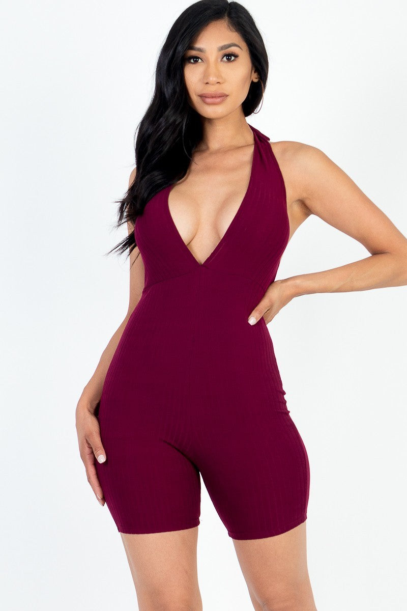 Casual Solid Halter V Neck Ribbed Bodycon Romper - Beauty by Lady Finch