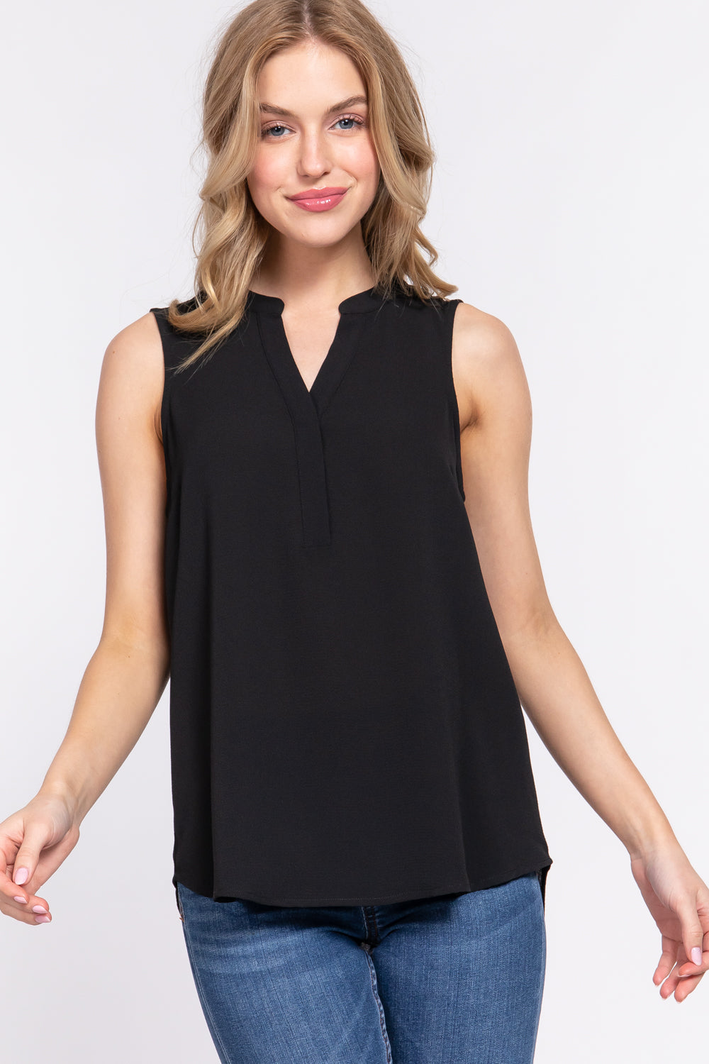 Sleeveless Henley Neck Woven Top - Beauty by Lady Finch
