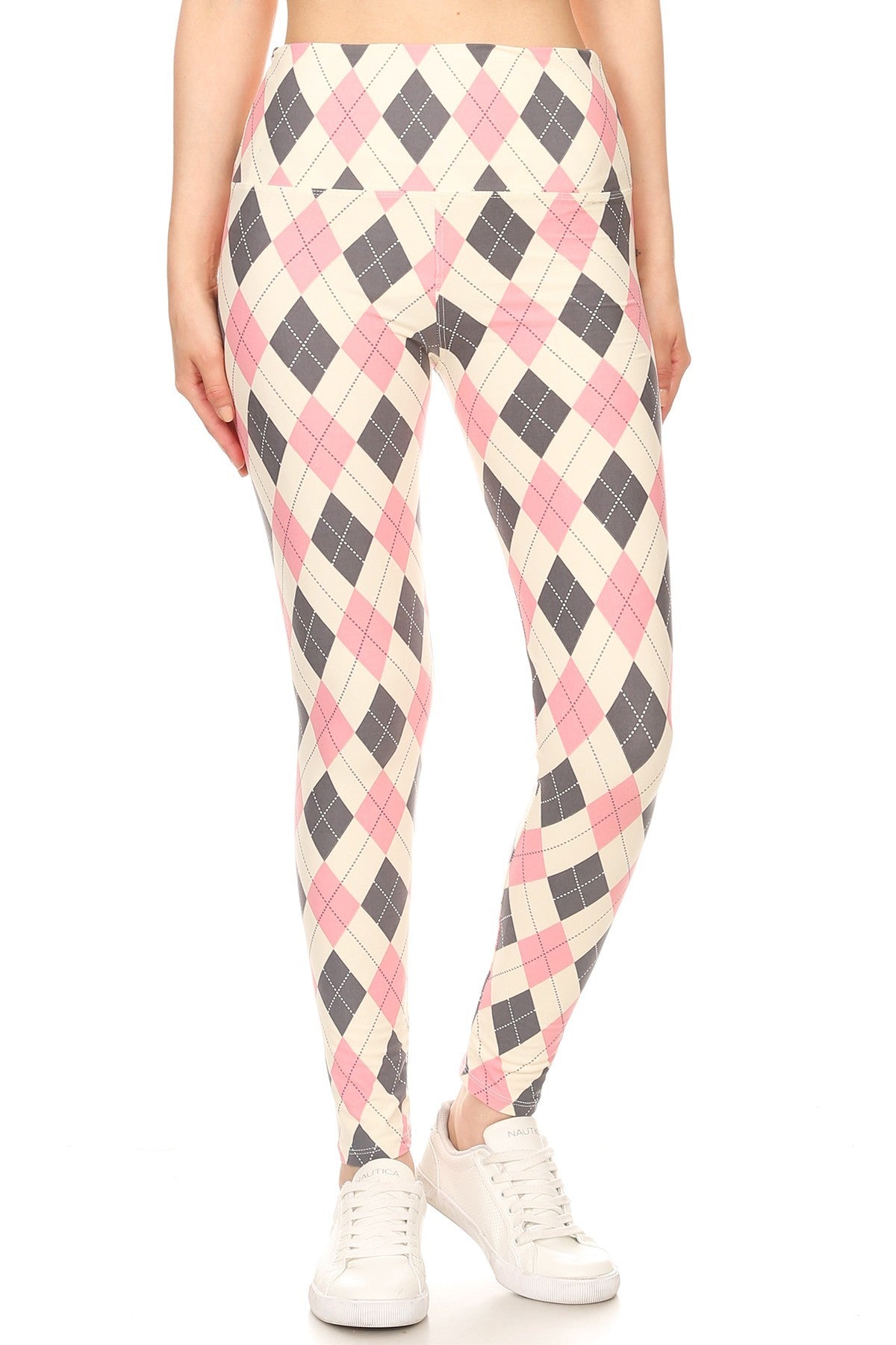 5-inch Long Yoga Style Banded Lined Argyle Printed Knit Legging With High Waist - Beauty by Lady Finch