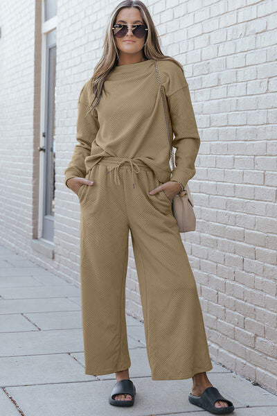Textured Long Sleeve Top and Drawstring Pants Set - Beauty by Lady Finch