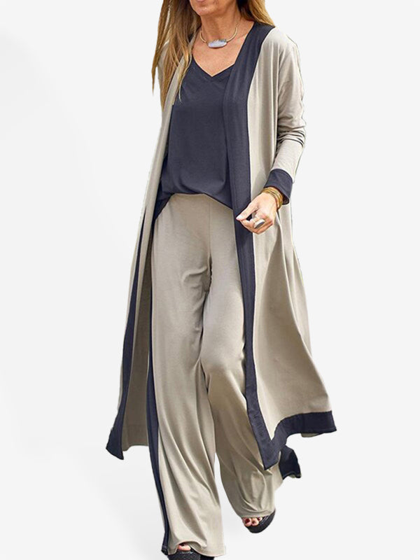 Women's Casual Contrasting Color Sleeveless Vest + Long Sleeve Cardigan Jacket + Trousers Three Sets - Beauty by Lady Finch