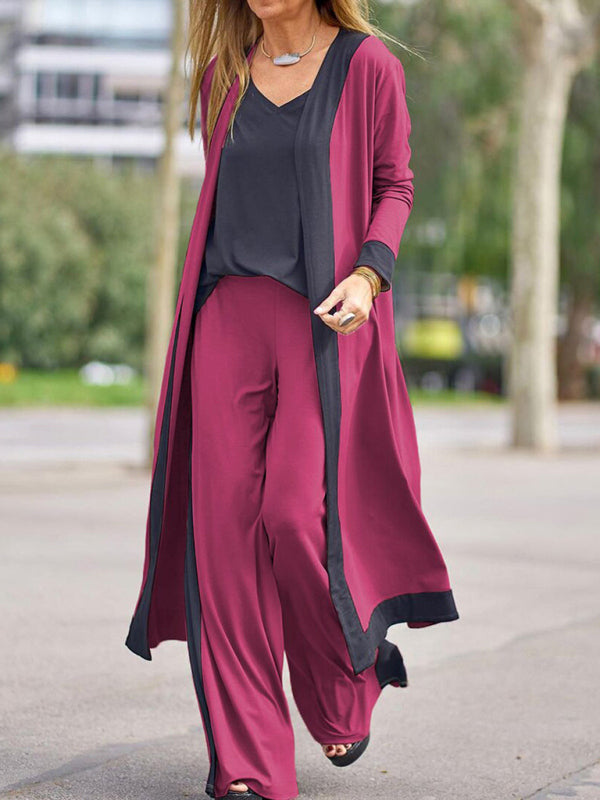 Women's Casual Contrasting Color Sleeveless Vest + Long Sleeve Cardigan Jacket + Trousers Three Sets - Beauty by Lady Finch